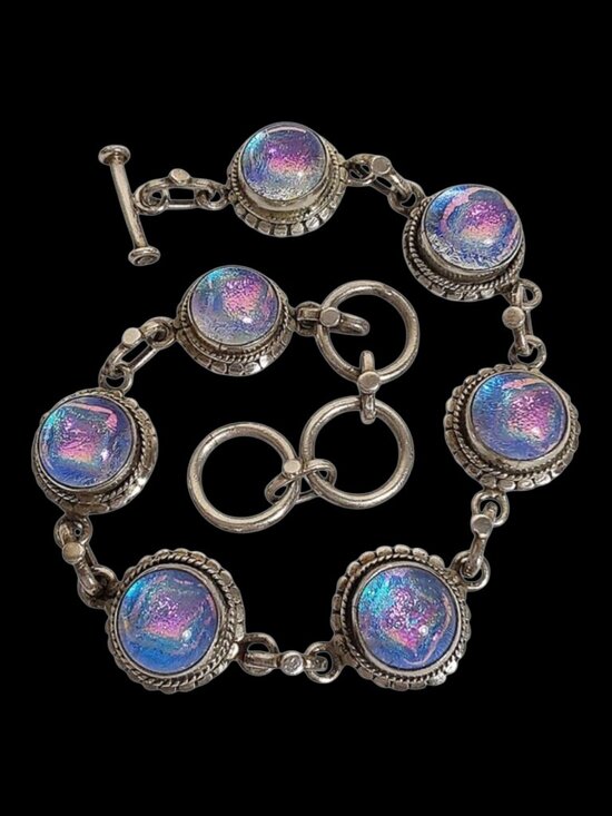 Handmade Jewelry - Artisan 7" Toggle Bracelet Dichroic Glass 925 Sterling Silver Purple Iridescent